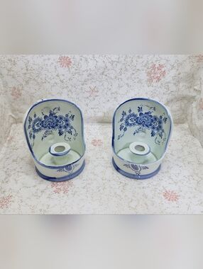Vintage Country Squire Japan Blue White Floral Ceramic Candle Holders Pair